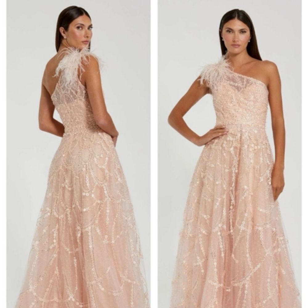 Mac DUGAL Elegant One-Shoulder Lace Dress with Feather Detail SIze 4 $798